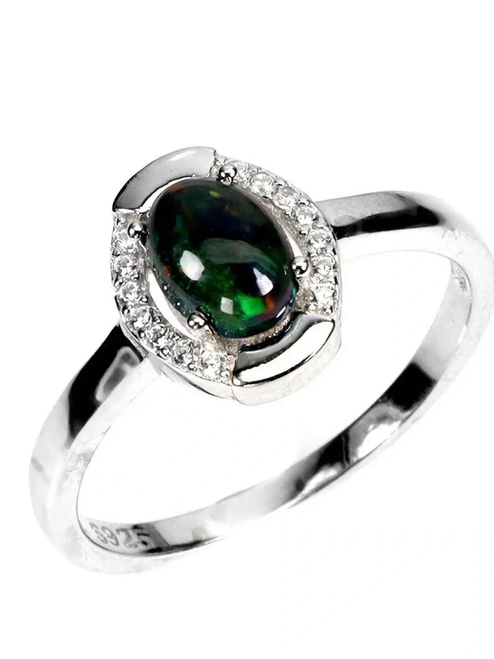 Stunning Natural Rainbow Black Opal with Zircon 925 Sterling Silver Ring Sz 8